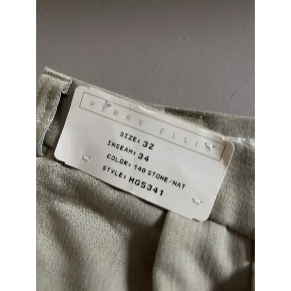 New Perry Ellis Dress Pants Mens 32 x 34 Stone Natural Gray Pleated Cuffed